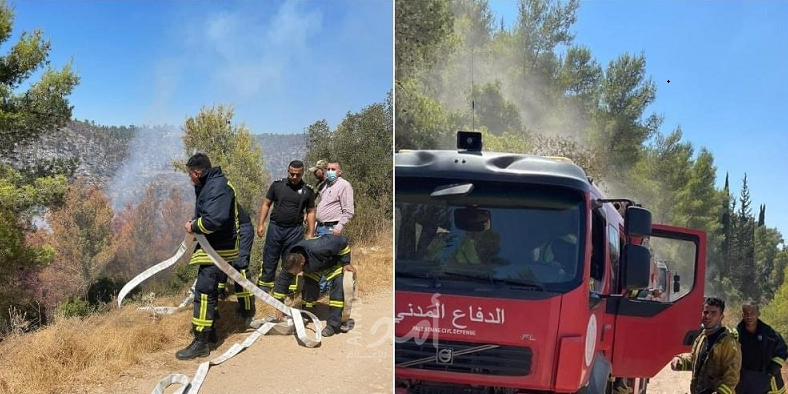 الدفاع المدني الفلسطيني يشارك باطفاء الحرائق في القدس- صور وفيديو